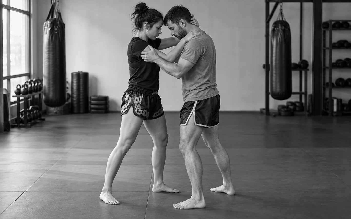 Twee trainingspartners oefenen houding en verbinding in de clinch.
