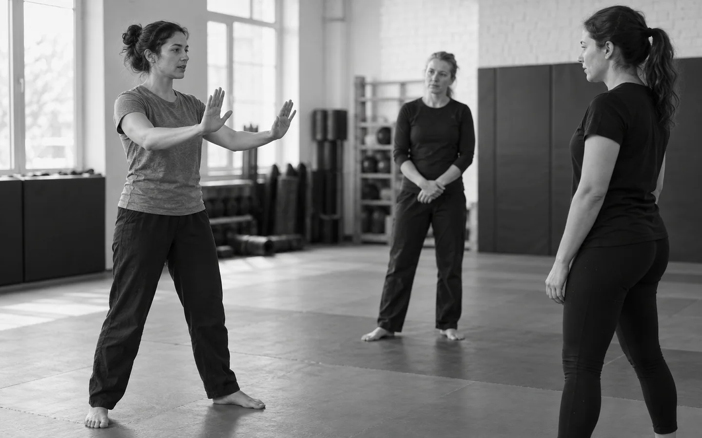 Een deelnemer oefent afstand en handpositie terwijl een coach observeert.
